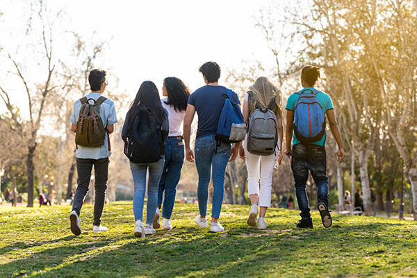 Back view of a row of young multi-ethnic students walking together in the park